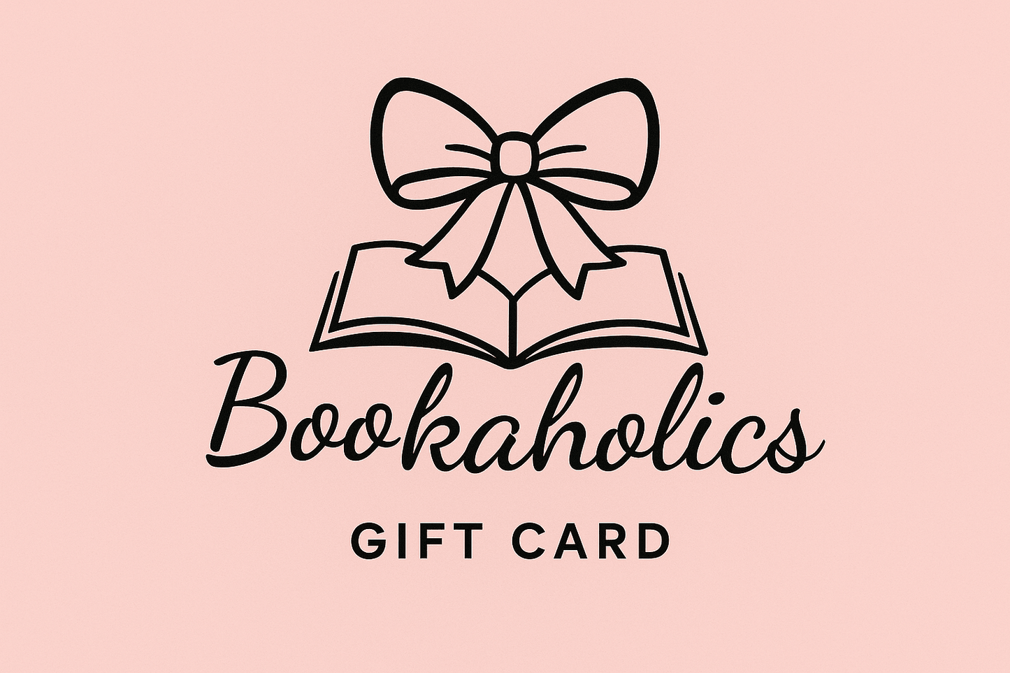 Gift card design with open book, bow illustration, and Bookaholics text on pink background