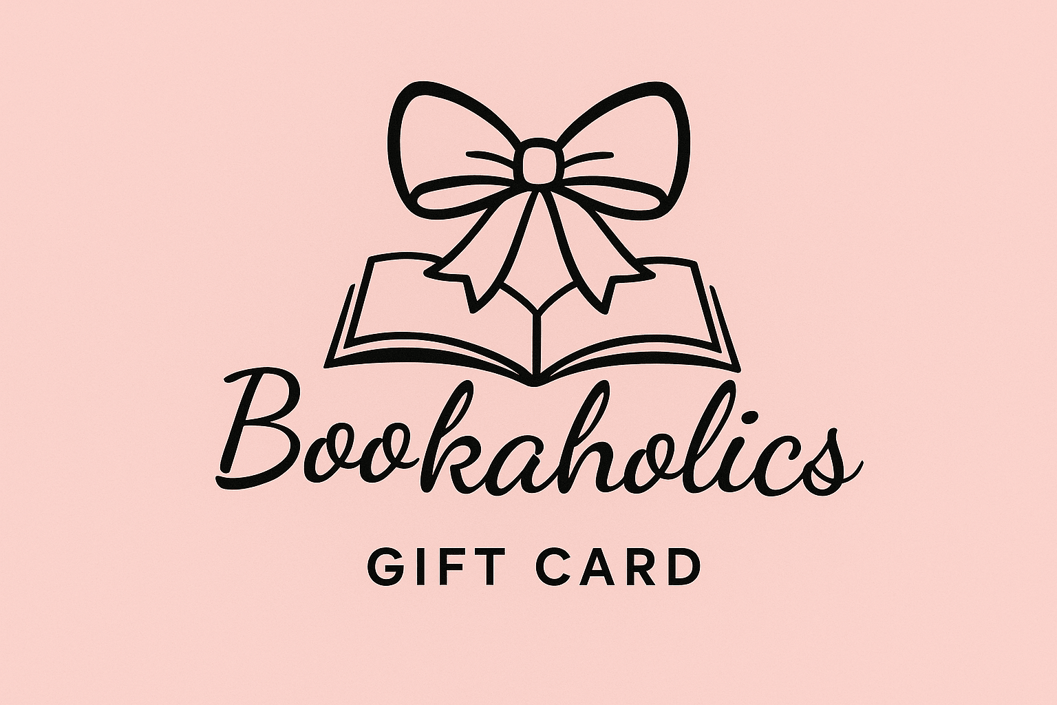 Gift card design with open book, bow illustration, and Bookaholics text on pink background